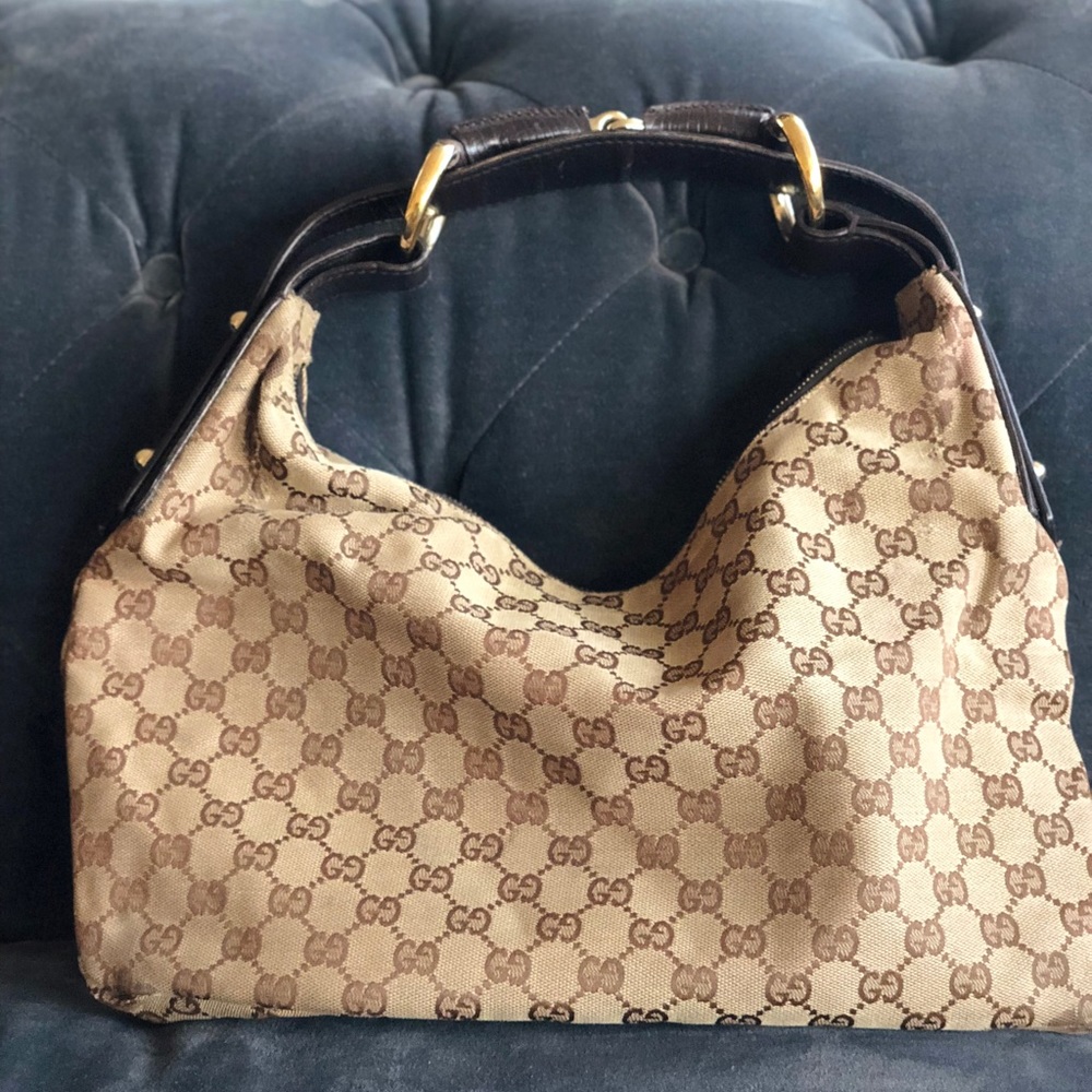 GUCCI Horsebit GG Canvas Medium Hobo Shoulder Bag